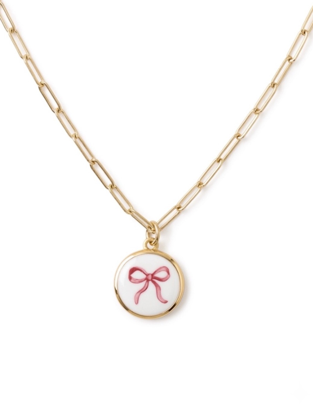Gold Chain Necklace with White Enamel Red Bow Pendant